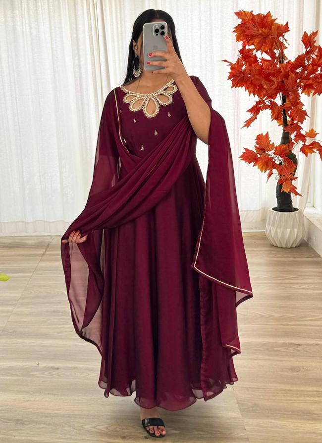 Georgette Wine Traditional Wear Lace Work Readymade Gown With Dupatta